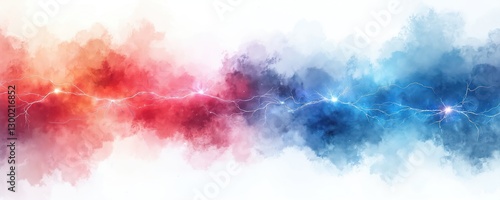 Illustration with dynamic energy bolts, electric discharges on red, blue smoke background. Vivid lightning strikes, power flashes, electrostatic effect. Thunder, plasma elements for science designs.