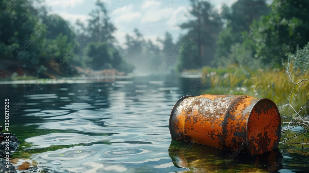 Fototapeta premium Pollution in Nature: Abandoned Orange Barrel in Calm Water Surrounded by Lush Greenery and Misty Forest Background