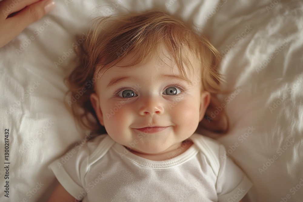 Adorable baby lying on a bed and smiling cheerfully at the camera Adorable baby lying on a bed and smiling cheerfully at the camera
