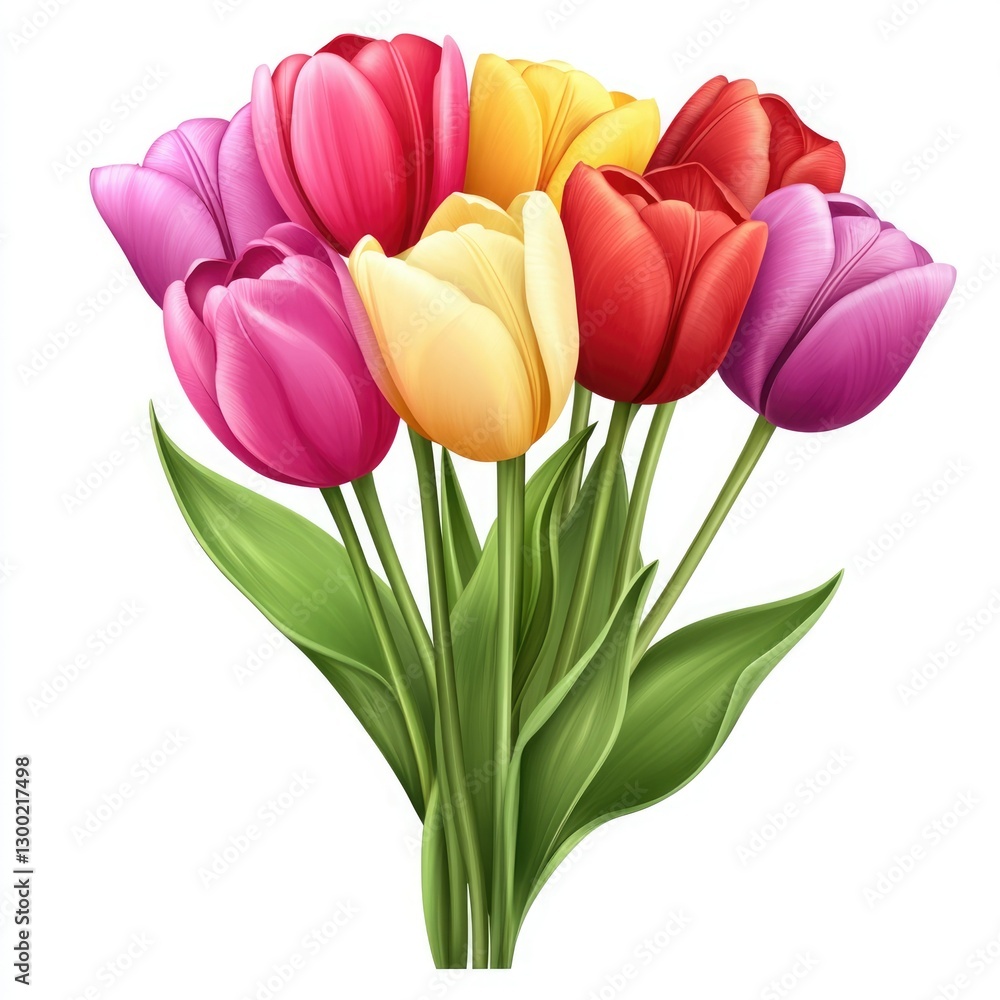 Colorful tulip bouquet showcasing vibrant petals in a variety of shades on a white background Colorful tulip bouquet showcasing vibrant petals in a variety of shades on a white background