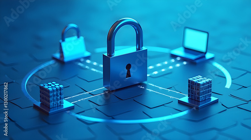 Wallpaper Mural Cybersecurity Network Security Padlock Computers Data Cubes Blue Metallic Technology Illustration Torontodigital.ca