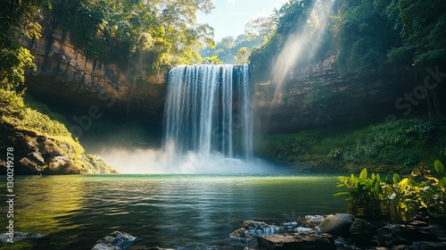 Serene Waterfall: Lush Greenery, Sunlit Cascade, Tranquil Pool