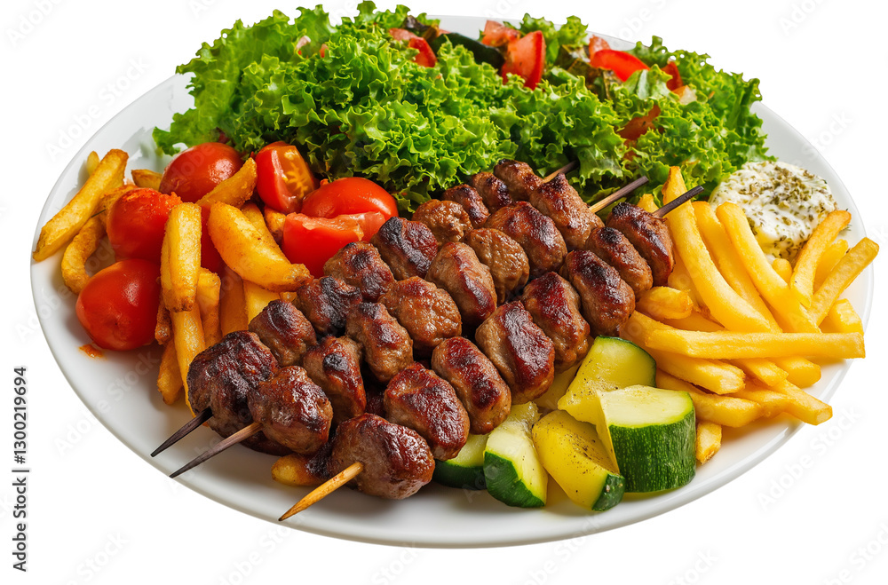 A plate of kebabs with fries and vegetables, isolated on a transparent background A plate of kebabs with fries and vegetables, isolated on a transparent background