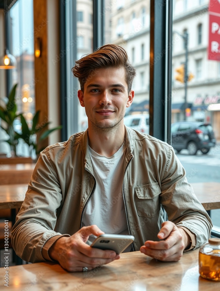 Young man with stylish hair sitting in a cozy café with a smartphone. Generative AI