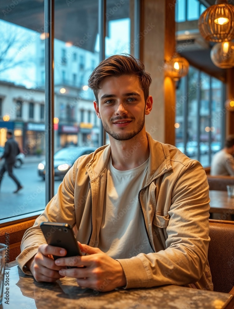 Young man with stylish hair sitting in a cozy café with a smartphone. Generative AI