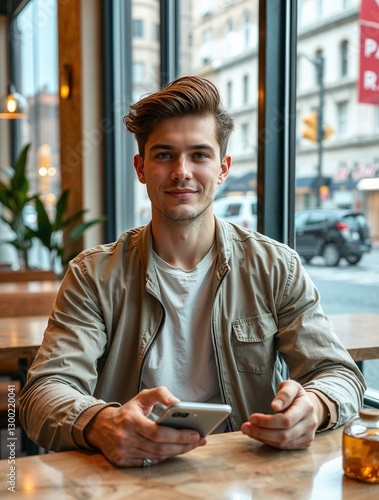 Obraz na płótnie Young man with stylish hair sitting in a cozy café with a smartphone. Generative AI w salonie