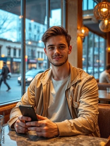 Obraz na płótnie Young man with stylish hair sitting in a cozy café with a smartphone. Generative AI w salonie