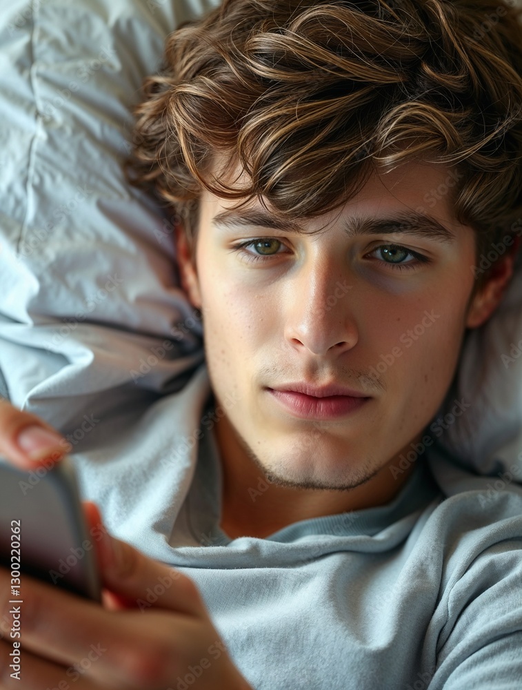 Handsome man focused on smartphone while resting on bed. Generative AI
