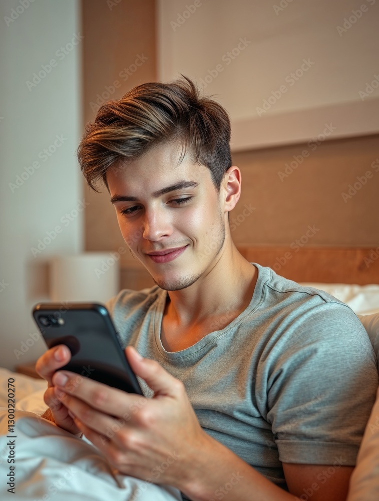 Young man lying on bed using smartphone in warm evening light. Generative AI Young man lying on bed using smartphone in warm evening light. Generative AI