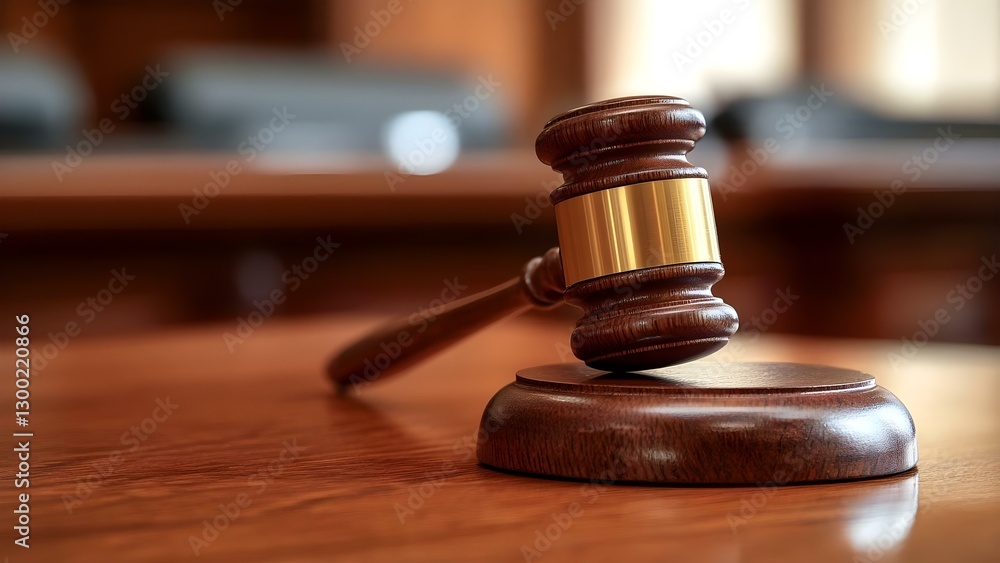 A wooden gavel is placed on a polished table, commonly used in courtrooms to signal authority or announce proceedings. Concept Courtroom Symbolism, Authority in Legal Settings A wooden gavel is placed on a polished table, commonly used in courtrooms to signal authority or announce proceedings. Concept Courtroom Symbolism, Authority in Legal Settings