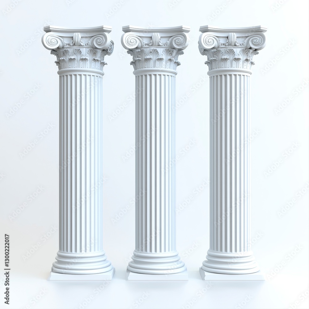 Obraz premium Elegant architectural view of three classic white columns standing tall and majestic against a clear blue sky