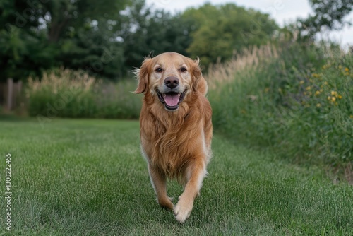 Happy Golden Retriever running in grassy field photo