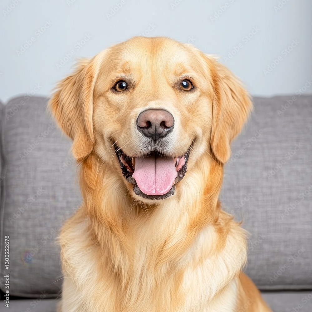 Happy dog relaxing comfortably on a cozy couch with soft textures and warm lighting in a living room setting Happy dog relaxing comfortably on a cozy couch with soft textures and warm lighting in a living room setting