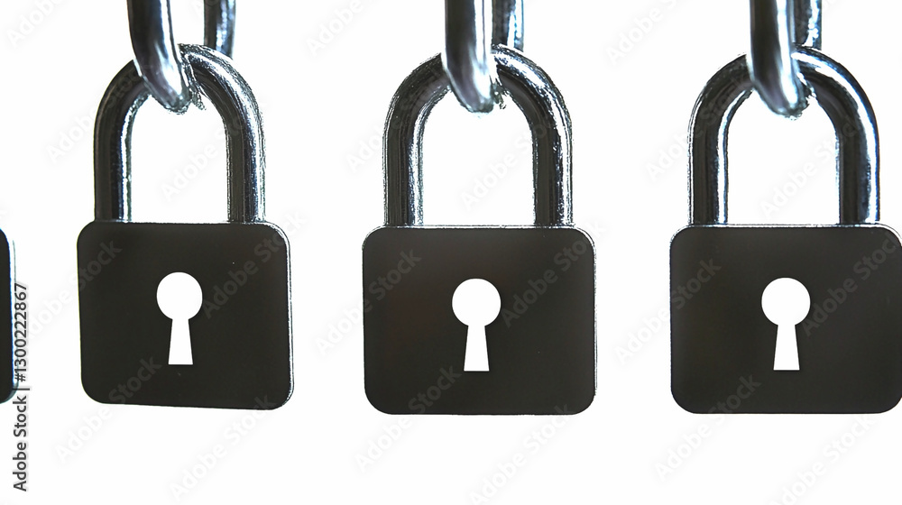 Four Black Padlocks Hanging on a Metal Chain Against a White Background Four Black Padlocks Hanging on a Metal Chain Against a White Background