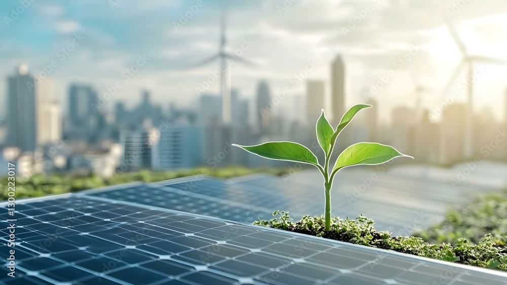 Fototapeta premium A small plant grows on solar panels in a futuristic city, symbolizing renewable energy and environmental sustainability. Concept Futuristic Cityscape, Renewable Energy, Solar Panels