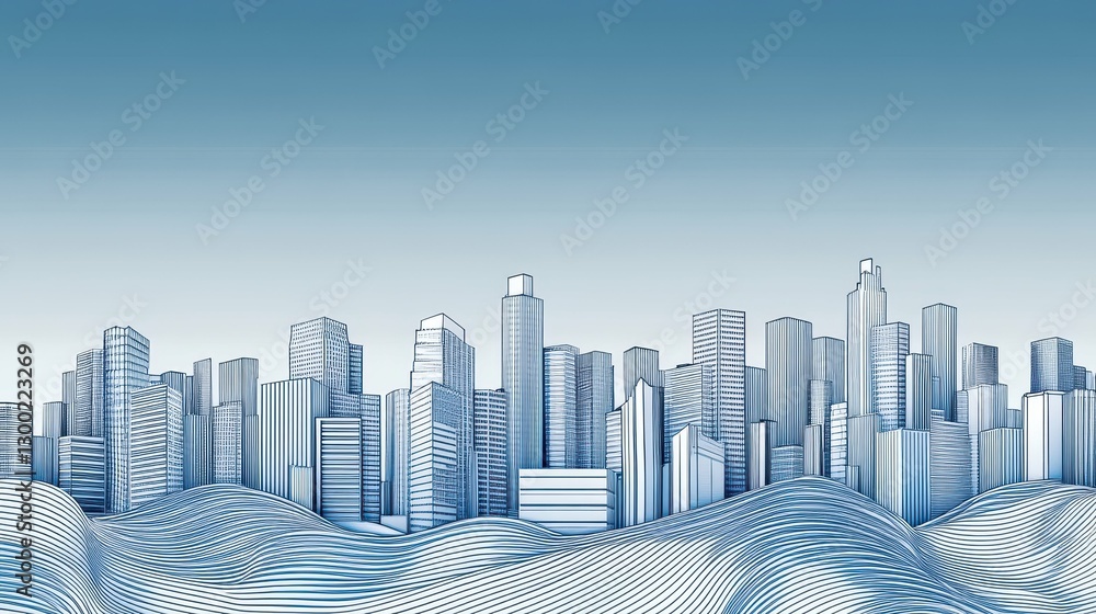 Obraz premium City Skyline Illustration Featuring Modern Architecture and Wavy Ground Design Under Clear Blue Sky