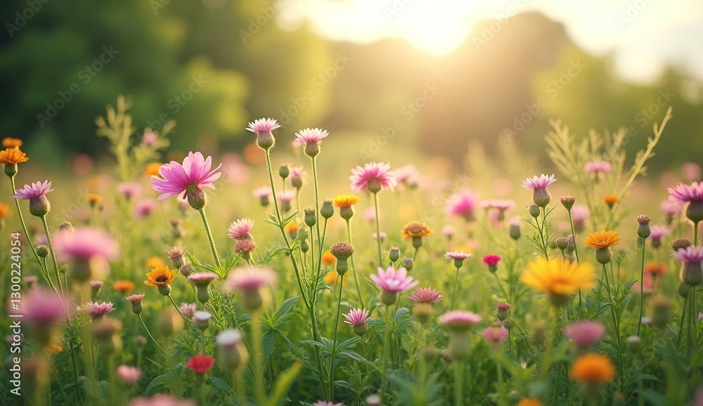 A field of flowers with a bright sun shining on them. The flowers are of various colors and sizes, creating a vibrant and lively scene. The sun's rays illuminate the field A field of flowers with a bright sun shining on them. The flowers are of various colors and sizes, creating a vibrant and lively scene. The sun's rays illuminate the field