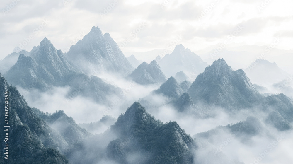 Obraz premium A majestic Asian mountain range with mist rolling over its peaks