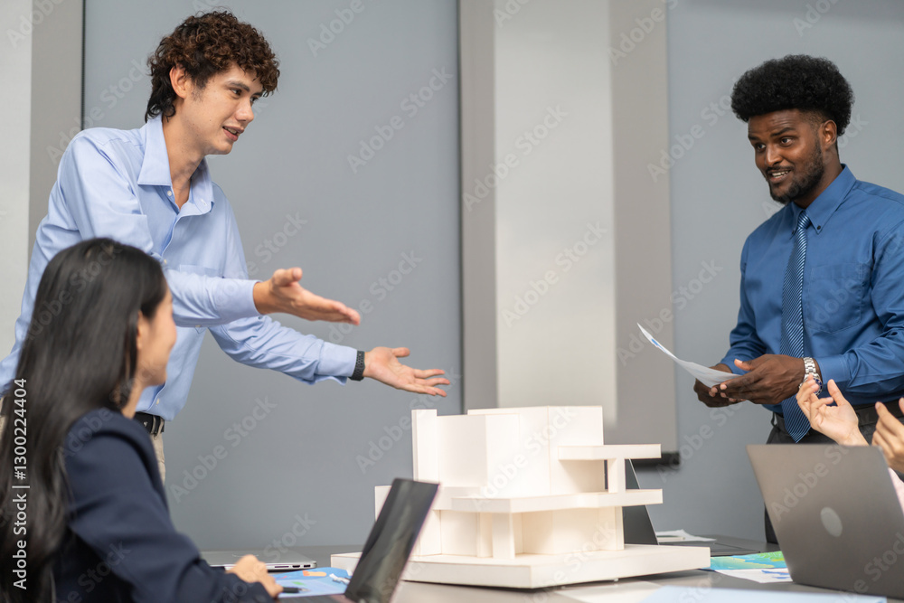 Architects engineers collaborating on building design project in modern office, diverse team of professionals female muslim architect and male engineers discussing architectural model of structure Architects engineers collaborating on building design project in modern office, diverse team of professionals female muslim architect and male engineers discussing architectural model of structure