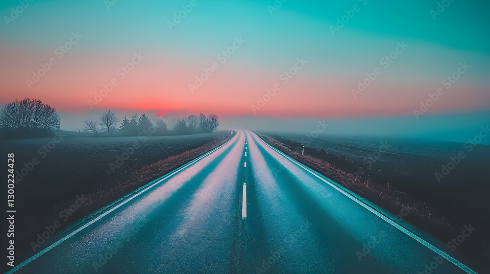 Naklejka premium Misty sunrise road, vanishing point, open highway, scenic landscape, travel poster