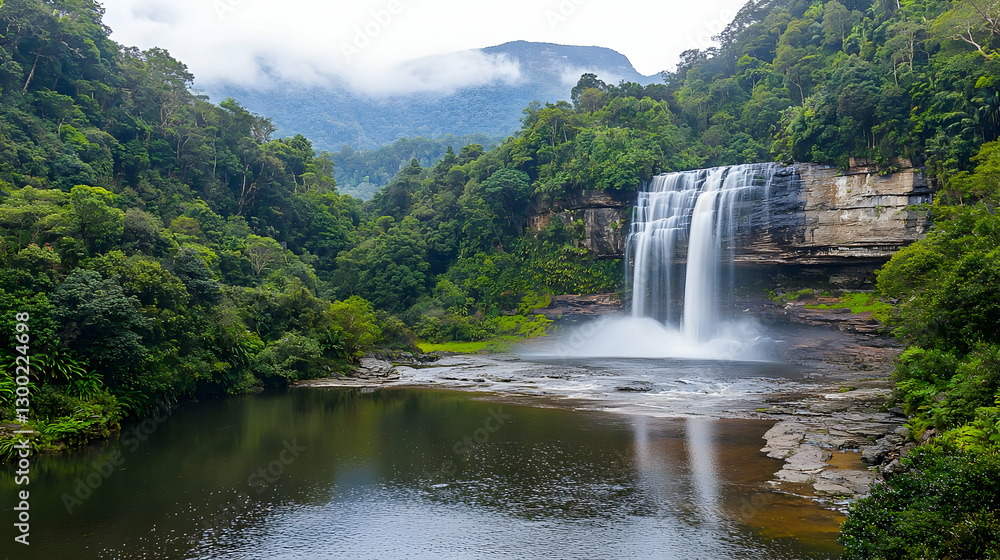 Fototapeta premium Lush Waterfall Cascading Into Calm Pool Surrounded By Verdant Trees and Foliage Under Misty Mountain