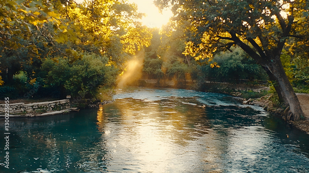 Obraz premium Sunlit river flowing through lush park at sunset; tranquil scene perfect for travel brochures