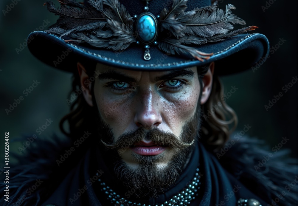 Portrait of a Man in a Black Feather Hat with Turquoise Gemstone Portrait of a Man in a Black Feather Hat with Turquoise Gemstone