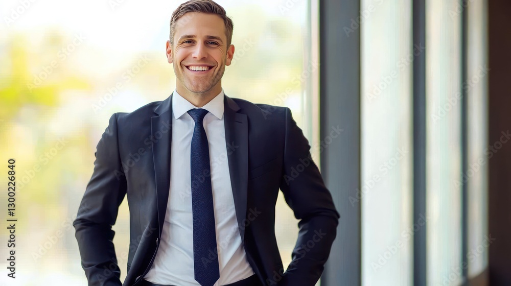 A smiling man in a suit stands confidently by a window, exuding professionalism and positivity in a bright office setting. A smiling man in a suit stands confidently by a window, exuding professionalism and positivity in a bright office setting.
