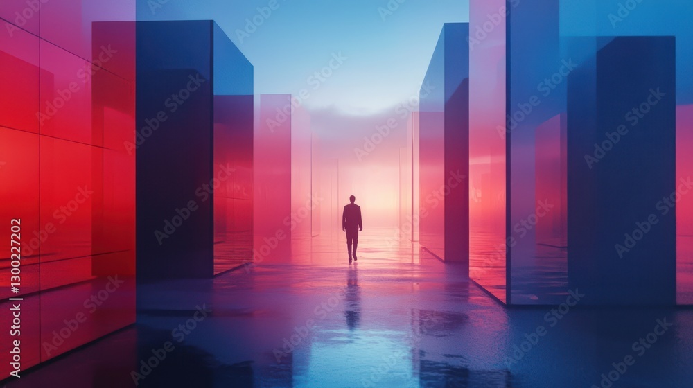 Mysterious Figure Walking Through Abstract Colorful Reflections Mysterious Figure Walking Through Abstract Colorful Reflections