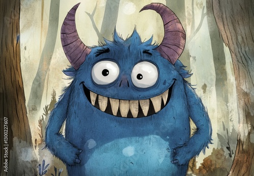 A cute, smiling, blue and black, furry monster with horns and big eyes, set in the woods, in the style of a colored pencil drawing. This is a cartoon, fantasy, full-body portrait