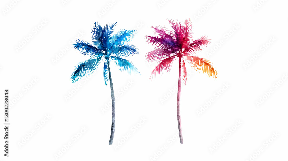 Obraz premium Colorful Watercolor Pixel Art Illustration Of Two Tropical Palm Trees Against White Background