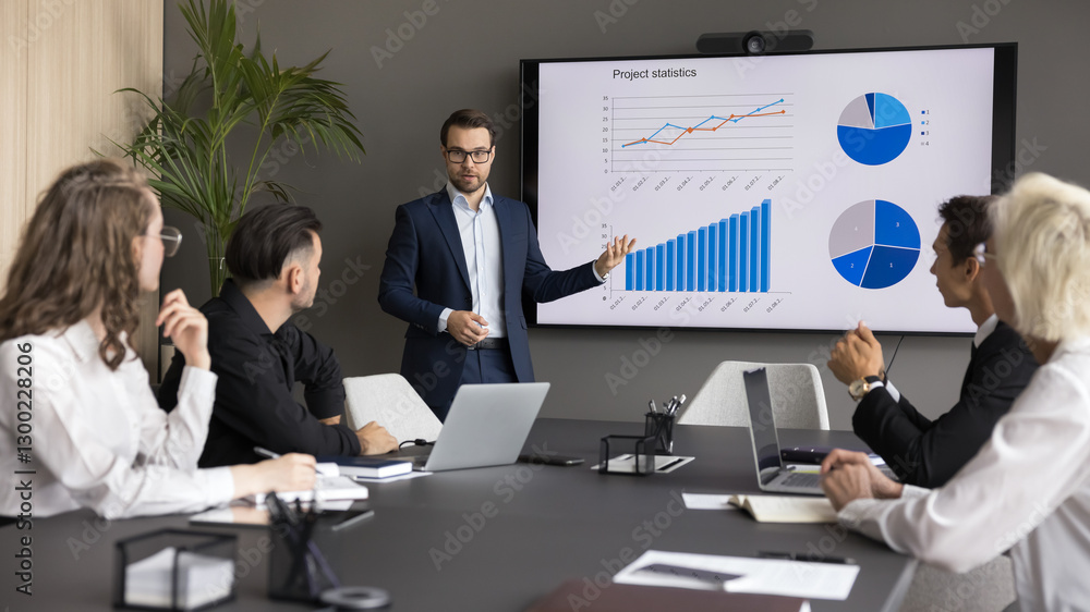 © fizkes - Forward thinking strategy. Confident young businessman in formal suit team leader data analyst present key information on business project to diverse audience stakeholders on wide screen at boardroom