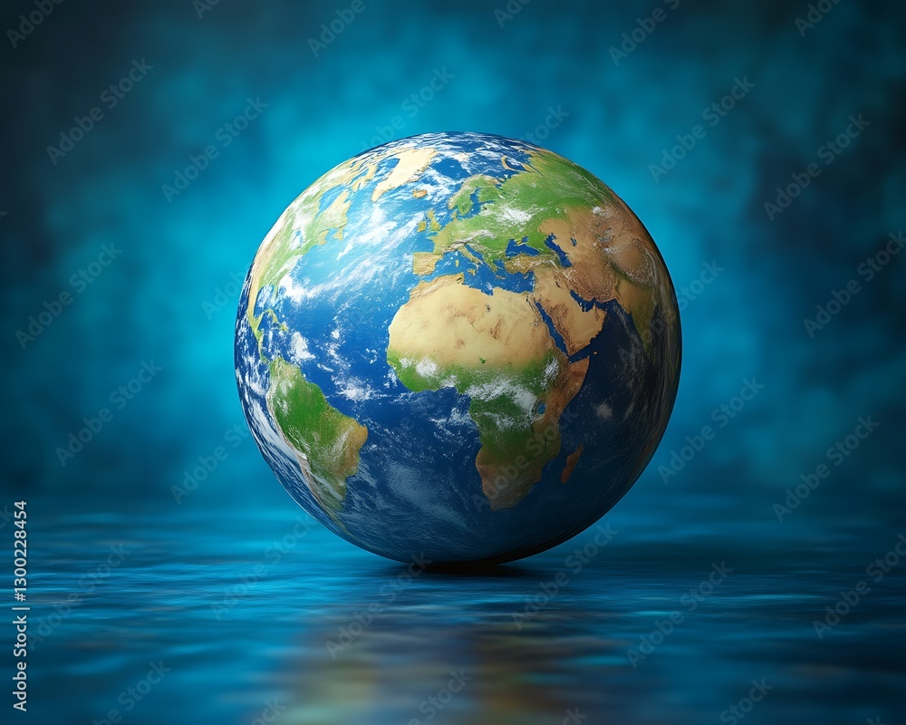 Earth globe on water surface, blue backdrop Earth globe on water surface, blue backdrop
