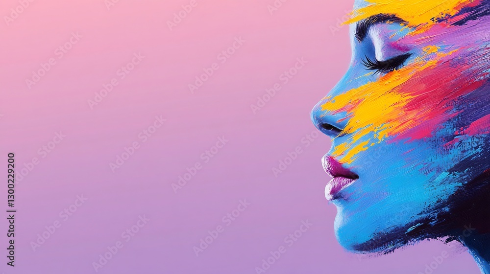 Fototapeta premium woman abstract paint strokes face purple blue gradient background fine art portrait