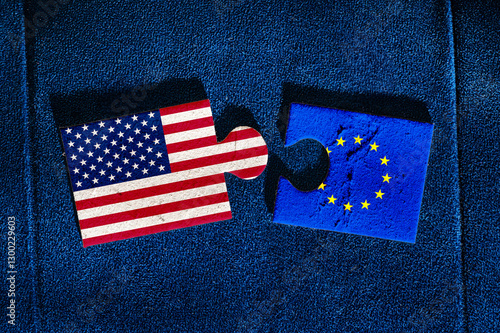 USA vs EU. Tensions Between the United States of America and European Union. Disconnected Puzzle Pieces Symbolize Broken Relations and Geopolitical Disputes.