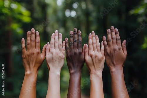 Hands Raised In Unity, Forest Backdrop
