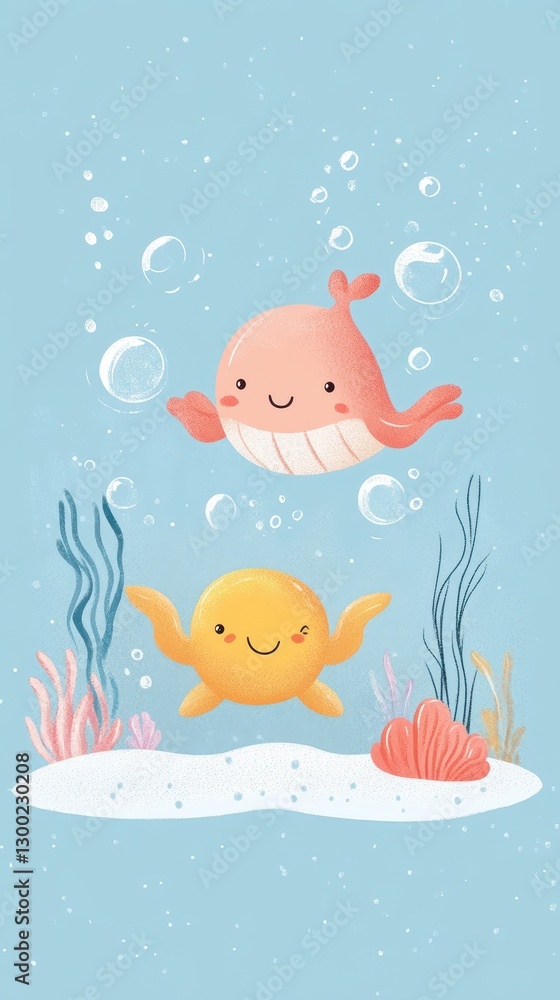 Adorable cartoon whale and other marine creatures underwater happily swimming Adorable cartoon whale and other marine creatures underwater happily swimming