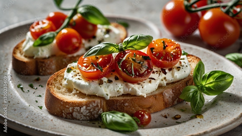 A luxurious version of bruschetta with creamy burrata cheese, roasted cherry tomatoes, fresh basil, and a drizzle of truffle oil on sourdough toast. A luxurious version of bruschetta with creamy burrata cheese, roasted cherry tomatoes, fresh basil, and a drizzle of truffle oil on sourdough toast.