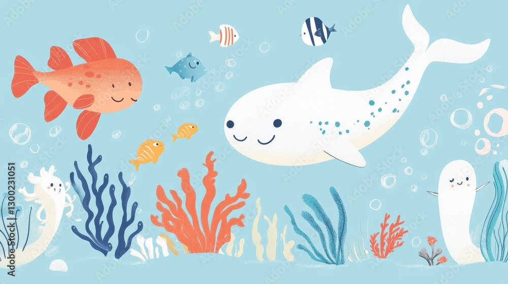 Fototapeta premium A whimsical undersea scene with various smiling cartoon sea creatures