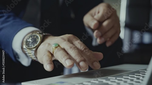 close-up of white man businessman  hands with an expansive watch and a gold ring typing  on his laptop 