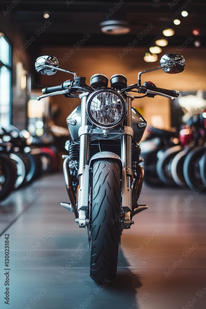 Fototapeta premium Motorcycle showroom with front view looking straight at the motorcycle.