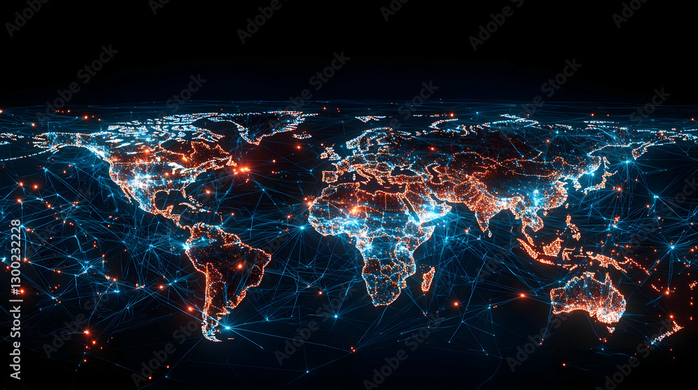 Fototapeta premium Digital World Map Depicting Network Connections with Blue and Orange Light Points in Dark Space