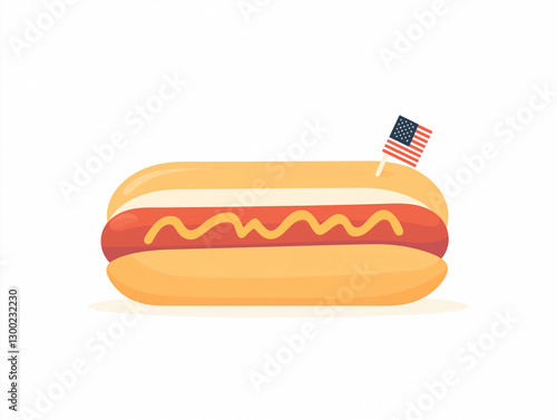 Colorful hot dog topped with mustard and a small American flag on a white background celebrating summer gatherings