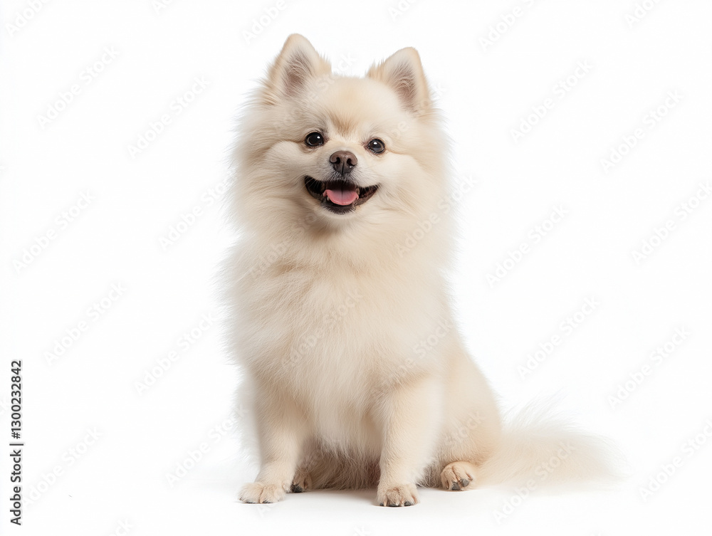 Obraz premium Playful white Pomeranian dog with fluffy fur sitting against a plain background