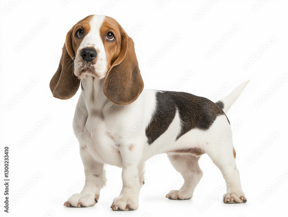 Basset hound beagle dog standing with a curious expression against a white background in a studio setting Basset hound beagle dog standing with a curious expression against a white background in a studio setting