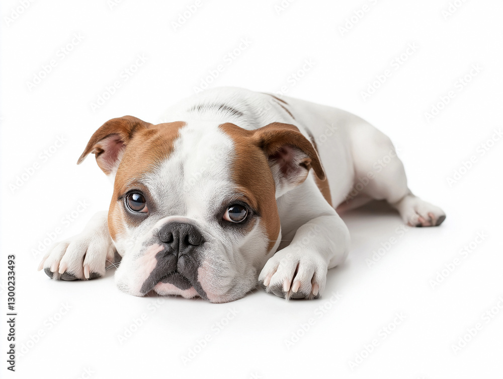 Bulldog rests on white surface looking relaxed Bulldog rests on white surface looking relaxed