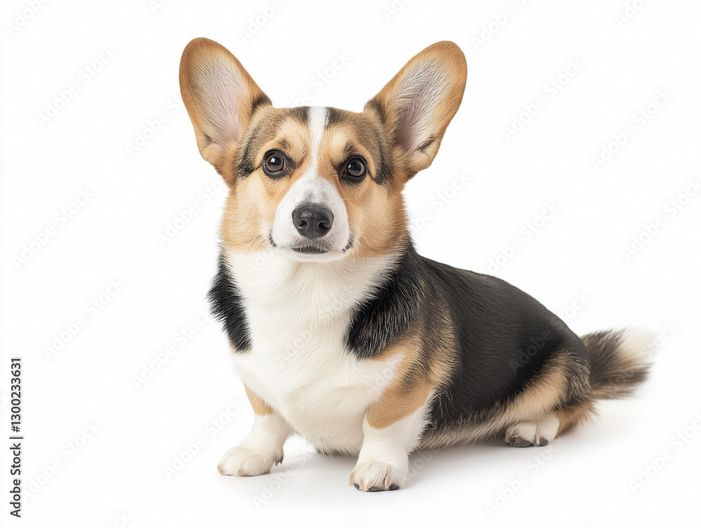 Playful corgi with expressive eyes sitting against a white background in a studio setting Playful corgi with expressive eyes sitting against a white background in a studio setting