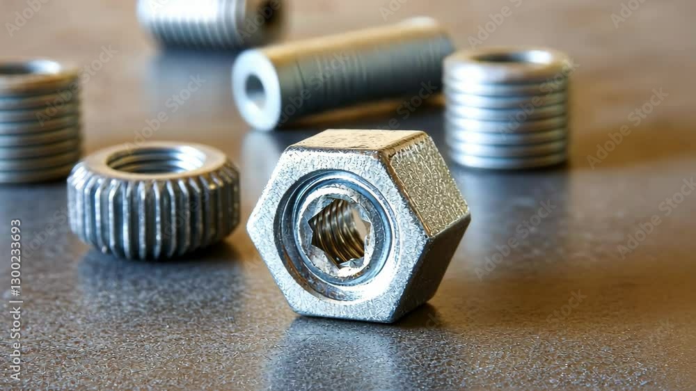 Metal nuts scattered on a gray surface with one hex nut prominently displayed showcasing its internal threading