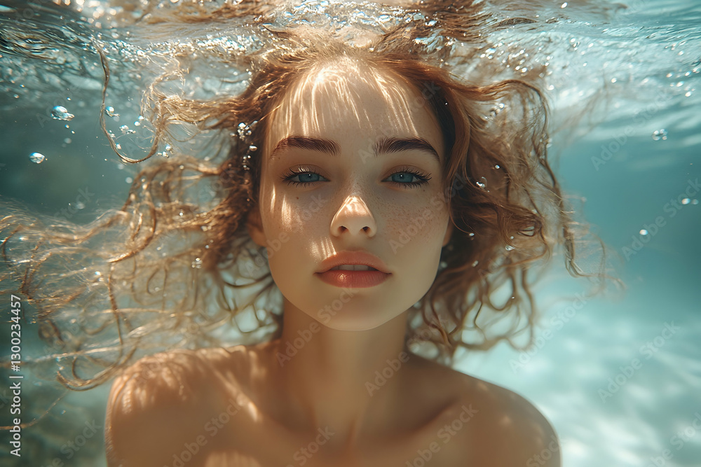 Portrait of a serene woman submerged in water, capturing the beauty of light and tranquility in a natural underwater setting Portrait of a serene woman submerged in water, capturing the beauty of light and tranquility in a natural underwater setting