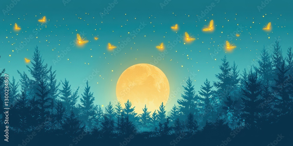 Fototapeta premium Glowing butterflies fly above a forest under a full moon
